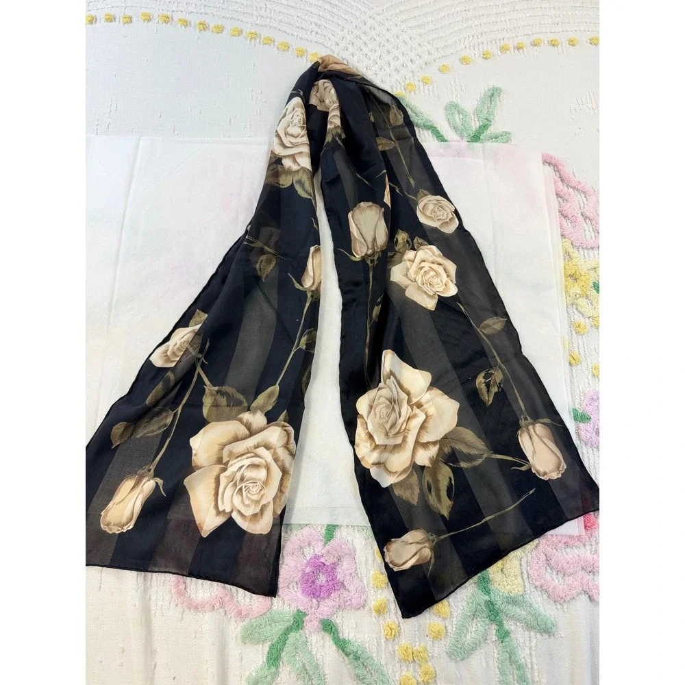 Vintage Sheer Black Floral Rose Print Scarf Cream Tan Striped Rectangular Wrap